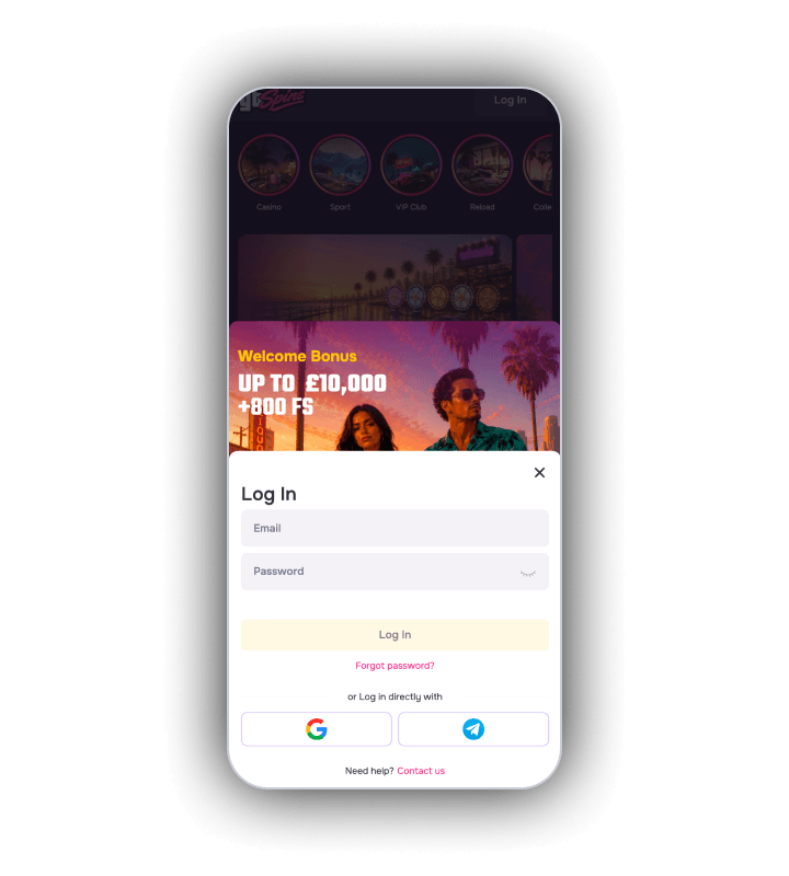Gtspins mobile login screen
